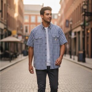 Carhartt Shirt Mens 3XL Blue Plaid Short Sleeve Button Down Loose Fit Vintage